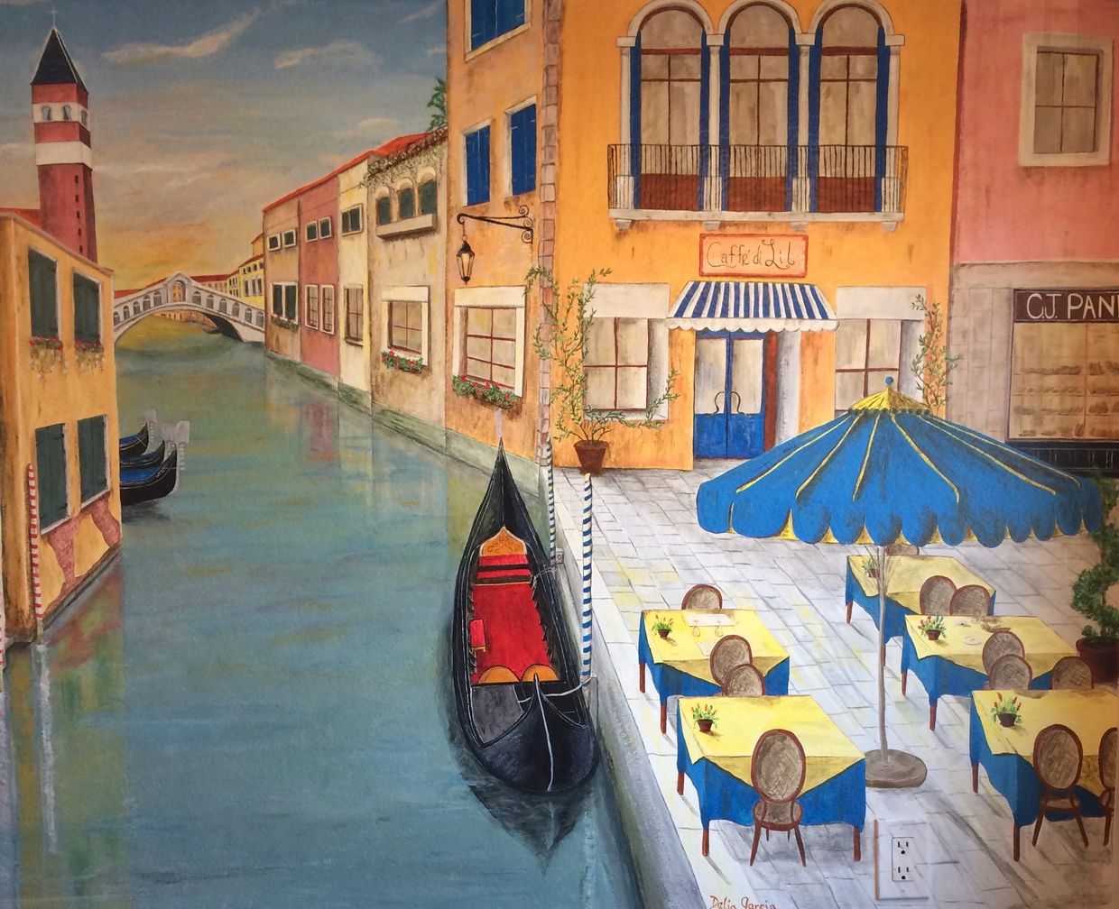Mural by Dalia Garcia, canal in Venice, Italy, Café, tables & chairs, umbrella, gondolas, buildings