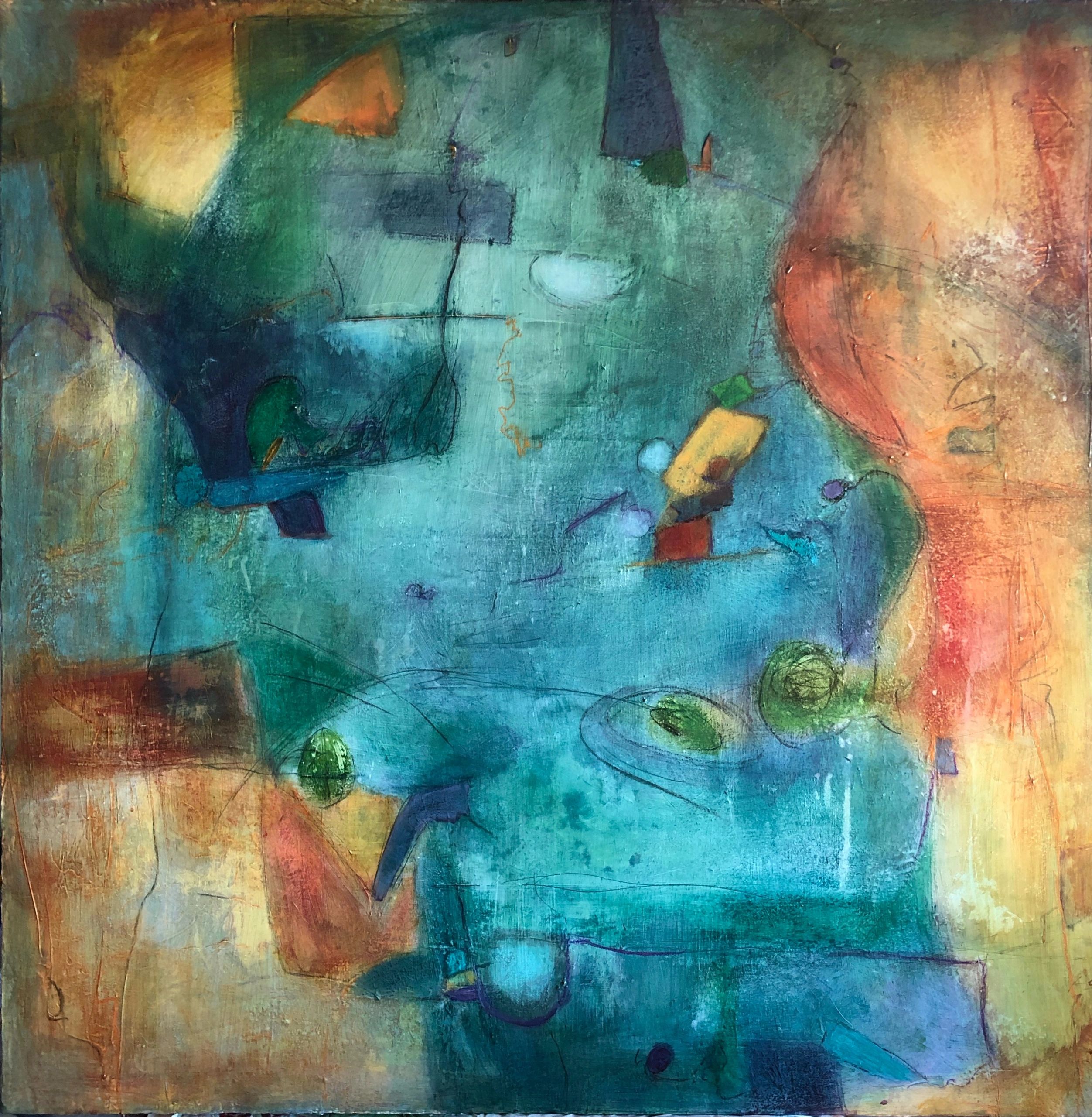 Biomorphic Abstract primarily in blues, golds and orange