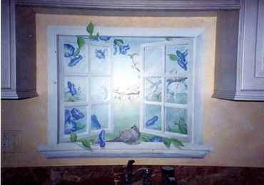 Bird on a windowsill with morning glories trompe l'oeil mural