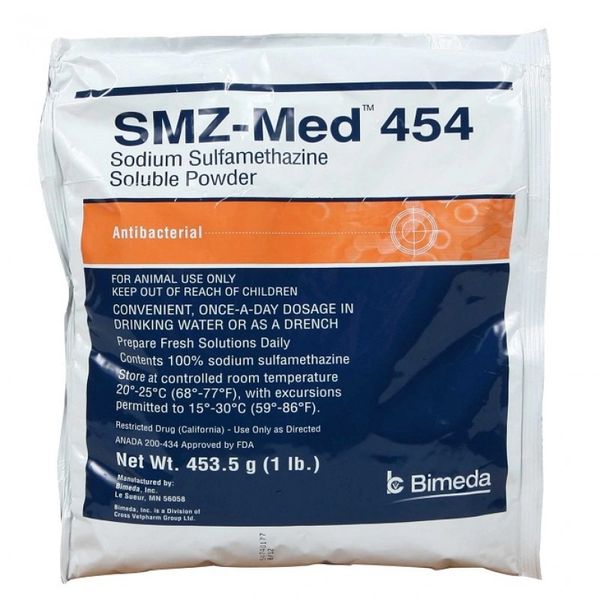 SMZ-Med 454 (Sodium Sulfamethazine) Soluble Powder, Antibacterial, 1lb , Bimeda 1SUL006