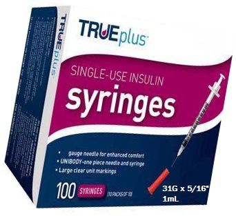 TRUEplus Syringe 31G 1cc 5/16 , 100/Box , 10 Box/Case , Trividia 56151-1733-01