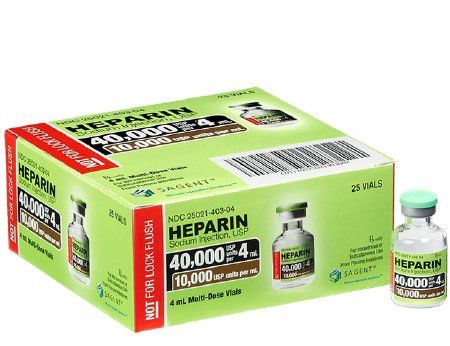 Heparin Sodium Injection 10000 IU/mL, 4mL , 25Each/Box , Sagent 25021-0403-04