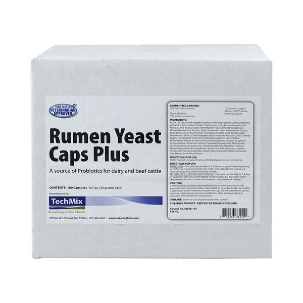 Rumen Yeast Caps for Dairy and Beef Cattle, 100 Count , Techmix 20818-175