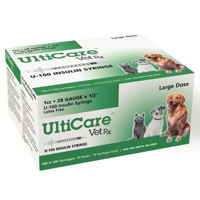 UltiCare VetRx Insulin Syringes 28 Gauge x 1/2" (1 cc), 100/Pack , 5 Pack/Case , ULTIMED 08210