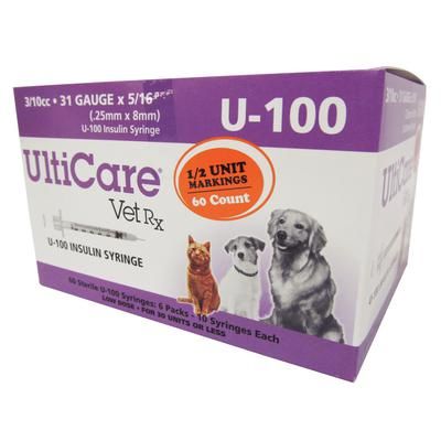 UltiCare VetRx Insulin Syringes 31 Gauge x 5/16" (0.3 cc), with Half Unit Markings, 60/Pkg ,10 Pack/Case , ULTIMED 09436