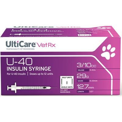 UltiCare VetRx Insulin Syringes 29 Gauge x 1/2" (0.3 cc), with Half Unit Markings,100/Pack , 500/Case , ULTIMED 82001