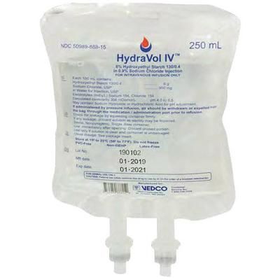 HydraVol IV 6% Hydroxyethyl Starch 130/0.4 in 0.9% Sodium Chloride Injection 250 ml , 6/Pack , VEDCO HYDR-250M