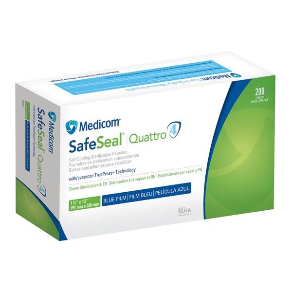 Medicom SafeSeal Quattro Sterilization Pouch 7.5 in x 13 in White / Blue 200/Box , 5 Box/Case , Medicom 88030-4