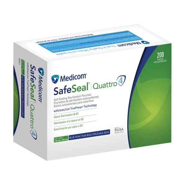 Medicom SafeSeal Quattro Sterilizer Pouch 5.25 in x 6.5 in Green / Clear Latex Free 200/Box , 10 Box/Case , Medicom 88020-4