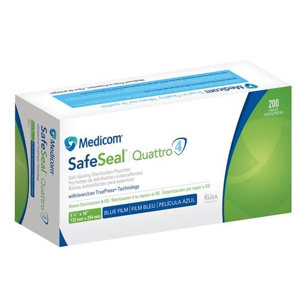 Medicom SafeSeal Quattro Sterilization Pouch 5.25 in x 10 in White / Blue 200/Box, 10 Box/Case , Medicom 88025-4