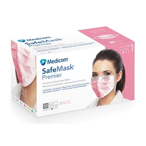 Safe+Mask Premier Earloop Face Mask Pink Disposable Latex Free ASTM Level 1 50/Box , 10 Box/Case , Medicom 2016