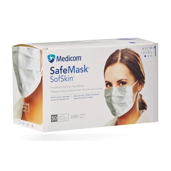 Safe+Mask Sofskin Earloop Face Mask White Disposable Latex Free ASTM Level 1 50/Box , 10 Box/Case , Medicom 2080