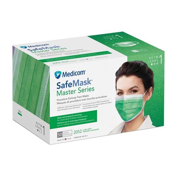 Safe+Mask Master Series Earloop Mask Lush Lawn Disposable Latex Free ASTM Level 1, 50/Box, 10 Box/Case , Medicom 2052