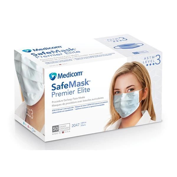 Safe+Mask Premier Elite Earloop Face Mask White Disposable Latex Free ASTM Level 3 , 50/Box , 10 Box/case , Medicom 2047