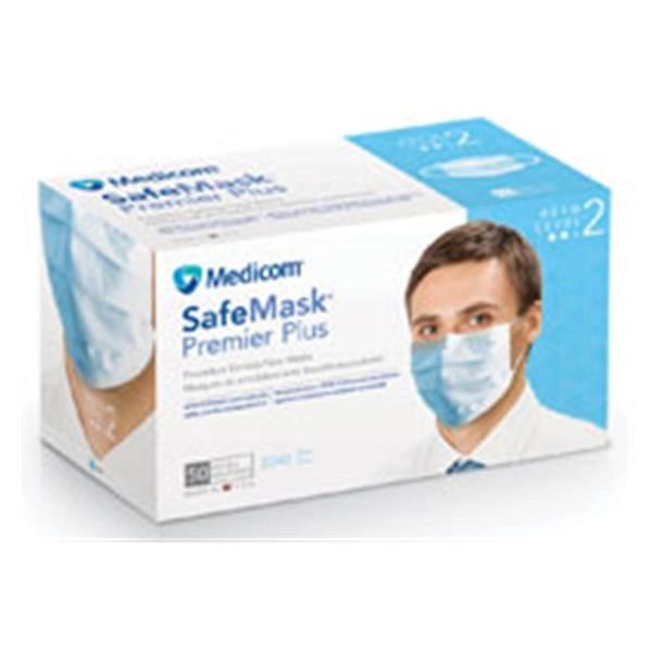 Safe+Mask Premier Plus Earloop Face Mask Blue Disposable Latex Free ASTM Level 2, 50/Box , 10 Box/Case , Medicom 2040