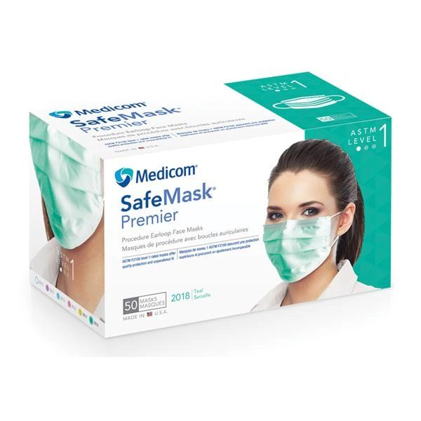 Safe+Mask Premier Earloop Face Mask Teal Disposable Latex Free ASTM Level 1 , 50/Box , 10 Box/Case , Medicom 2018