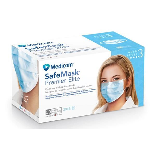 Safe+Mask Premier Elite Earloop Face Mask Blue Disposable Latex Free ASTM Level 3 , 50/Box , 10 Box/Case , Medicom 2042