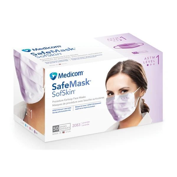 Safe+Mask Sofskin Earloop Face Mask Lavender Disposable Latex Free ASTM Level 1 50/Box , 10 Box/Case , Medicom 2083