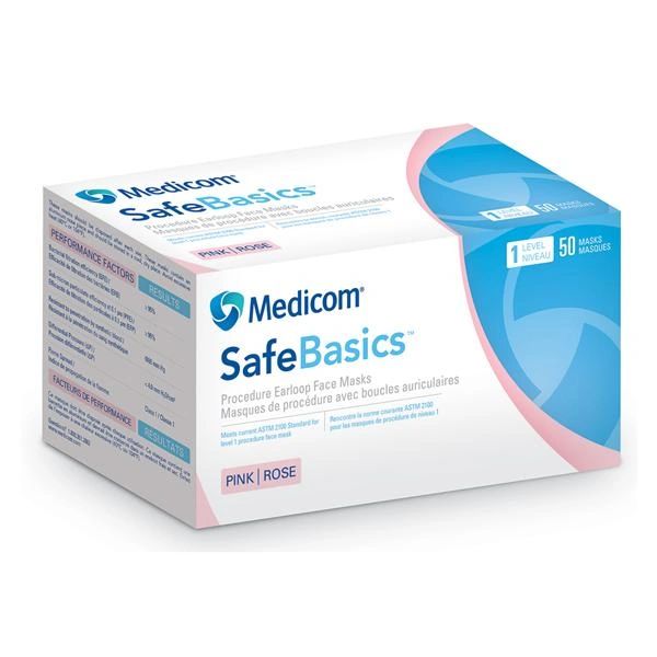 SafeBasics Earloop Face Mask Light Pink Disposable Latex Free ASTM Level 1, 50/Box , 10 Box/Case , Medicom 2132