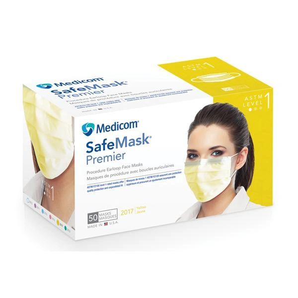 Safe+Mask Premier Earloop Face Mask Yellow Disposable Latex Free ASTM Level 1 , 50/Box , 10 Box/Case , Medicom 2017