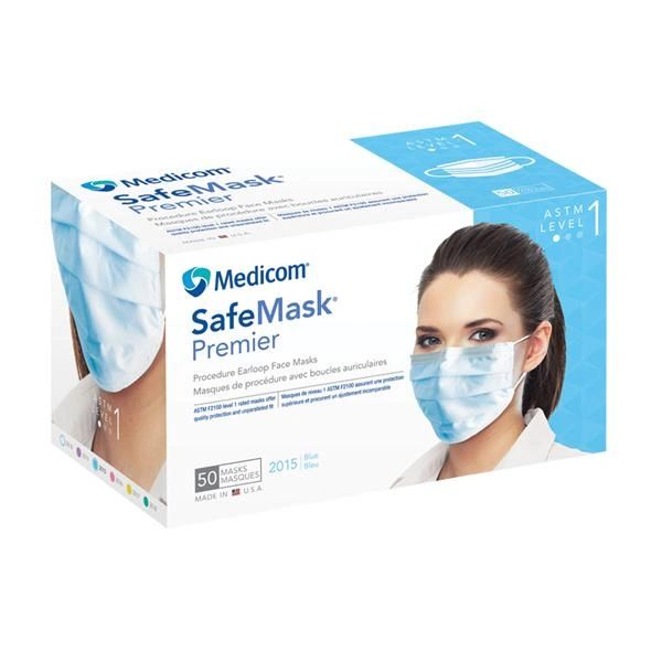 Safe+Mask Premier Earloop Face Mask Blue Disposable Latex Free ASTM Level 1 , 50/Box , 10 Box/Case , Medicom 2015