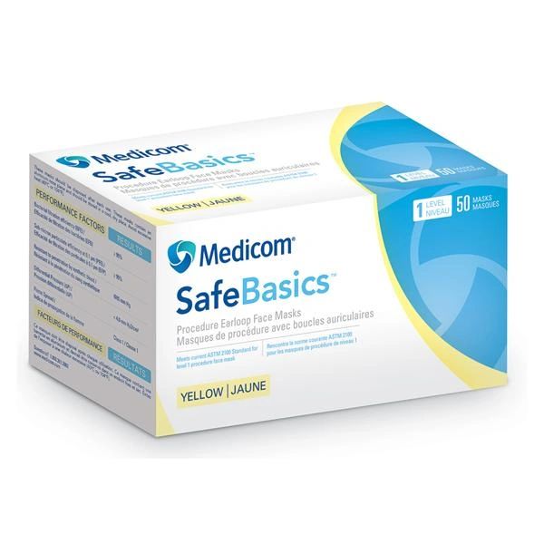 SafeBasics Earloop Face Mask Light Yellow Disposable Latex Free ASTM Level 1 , 50/Box , 10 Box/Case , Medicom 2133