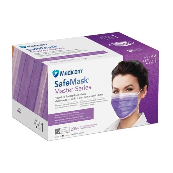 Safe+Mask Master Series Mask Southern Bellflower Disposable Latex Free ASTM Level 1 , 50/Box , 10 Box/Case , Medicom 2054