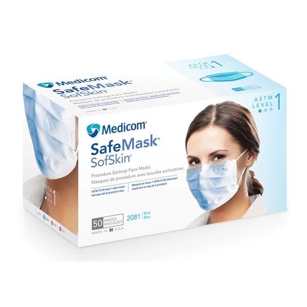 Safe+Mask Sofskin Earloop Face Mask Blue Disposable Latex Free ASTM Level 1 50/Box , 10 Box/Case , Medicom 2081