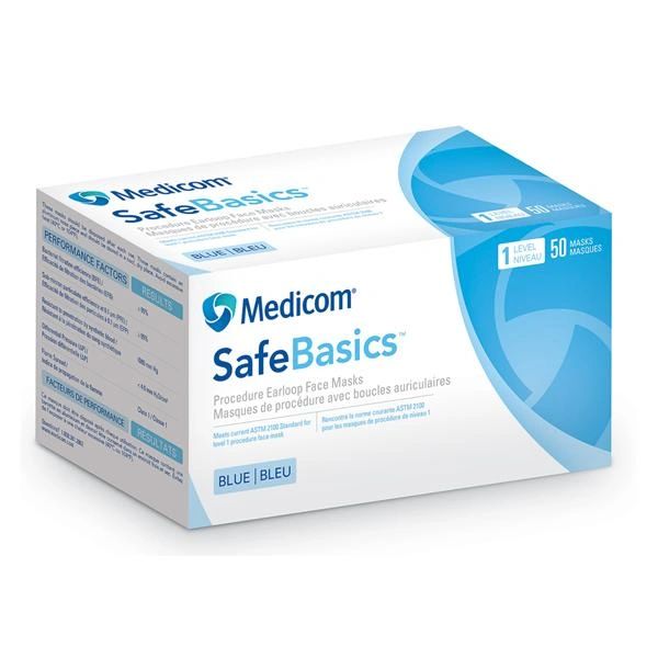 SafeBasics Earloop Face Mask Light Blue Disposable Latex Free ASTM Level 1, 50/Box , 10 Box/Case , Medicom 2131