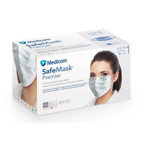 Safe+Mask Premier Earloop Face Mask White Disposable Latex Free ASTM Level 1 , 50/Box , 10 Box/Case , Medicom 2010