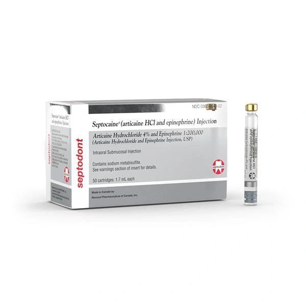 Septocaine Anesthetic Cartridge Articaine HCl 4% Epinephrine 1:200,000 50/Box , Septodont 01A1200