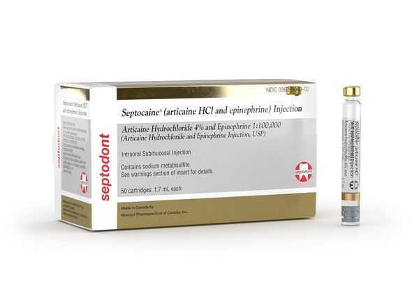 Septocaine Cartridge Barrel Cartridge Articaine HCl 4% Epinephrine 1:100,000 50/Box , Septodont 01A1400