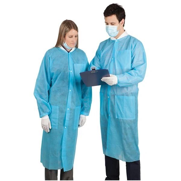 HSI Protective Lab Coat Large Blue Disposable 3 Pockets Snap Front Long Sleeves Fluid Resistant 10/Package , HS 9004675