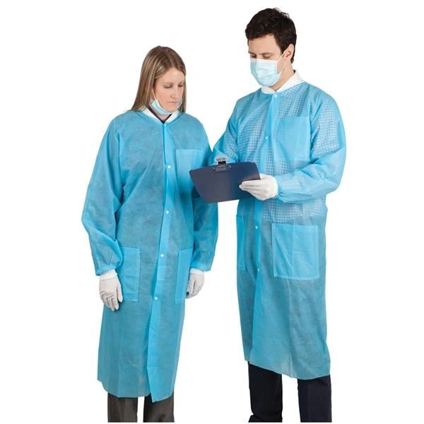 HSI Protective Lab Coat Small Blue Disposable 3 Pockets Snap Front Long Sleeves Fluid Resistant 10/Package , HS 9004673