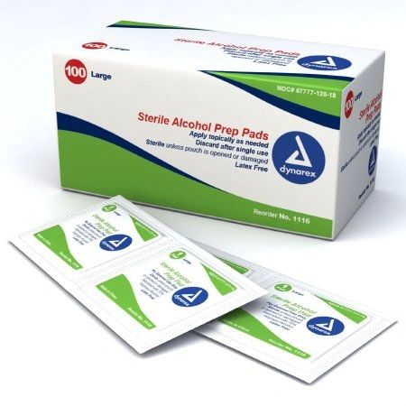 Alcohol Prep Pad Isopropyl Alcohol, 70% Individual Packet Large Sterile , 100/Box , Dynarex 1116