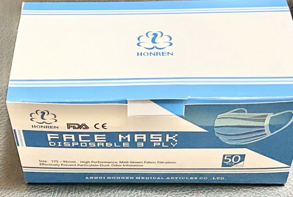 3 Layers Ear Loop Face Mask Disposable , Blue/White, 50/Box , Honron-50