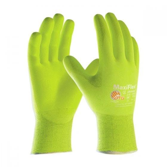 MaxiFlex Ultimate Nylon/Lycra Knit Glove with Nitrile Coated ,Different Sizes , 10 Pairs/Pack , Lime , Safety 34-874-2X