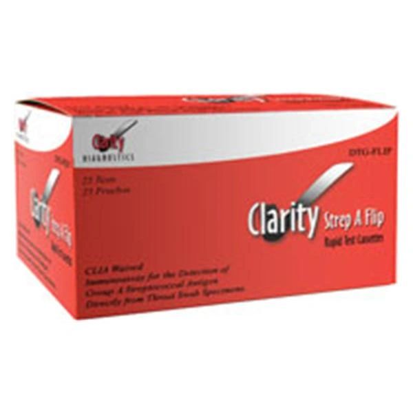 Clarity Strep A Rapid Test Cassette CLIA Waived With Swabs/Tubes/Reagent A/Cleaning Solutions/Controls 25/Box , Clarity DTG-STPFLIP