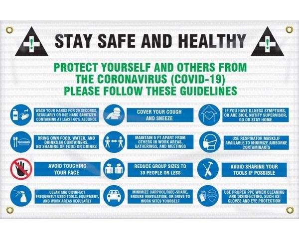 Stay Safe And Healthy COVID-19 Mesh Contractor Safety Sign 24"x36" , 10/Pack , Safety ACC-ECRT564MBM-24