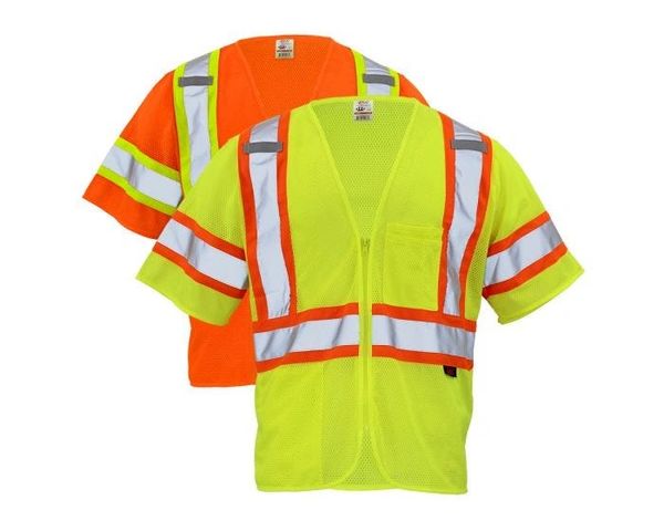 GSS Safety Class 3 HiVis Contrast Mesh Zippered Safety Vest , Lime/Orange , Different Sizes, 5/Case , Safety GSS-2006