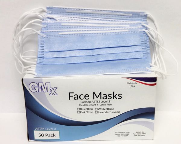 Ear Loop Face Mask Fluid Resistant , ASTM Level 3 , 50/Box , Made in USA , GMX-FMELL