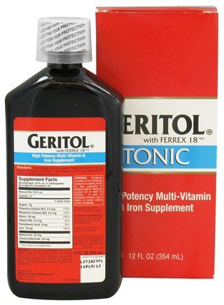 Multivitamin Supplement Geritol Vitamin B3 / Choline Bitartrate / Iron 50 mg - 50 mg - 18 mg Strength Liquid 12 oz. Unflavored , Meda 46017001112