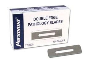 Pathology Blade Personna Rounded Corner, Carbon Steel, 0.38 mm, 3 Facet Double Edge, 0.75 X 2.25 Inch, Disposable, NonSterile , 100/Box , 10 Box/Case , Accutec 72-0200