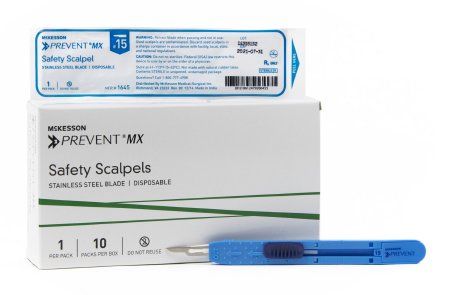 Safety Scalpel Prevent MX No. 15 Stainless Steel / Plastic Sensory Grip Handle Sterile Disposable , 100/Box, MC 1645