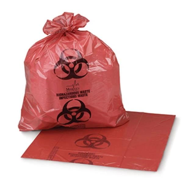 Bag Biohazard Flat Seal 11x14-1/4" 1-3gal Red/Black LDPE 1-1/4mil Symbol Non-Sterile Coreless Roll 20/Rl, 10 RL/CA , Medgen RD610