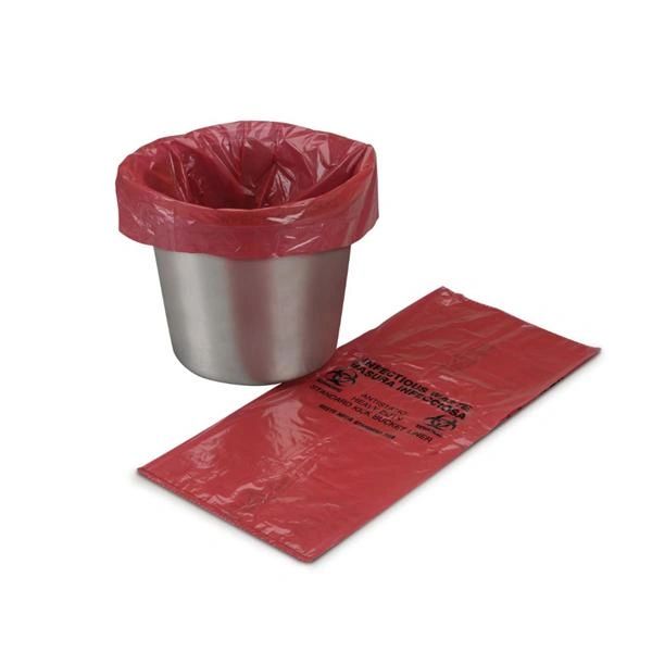 Biohazard Bag Twist Tie Closure 12x24x8" 7gal Red/Black 50/Roll 10 Rolls 1-3/10mil Symbol For Kick Bucket Non-Sterile Coreless Roll 500/Case , Medegen 50-02