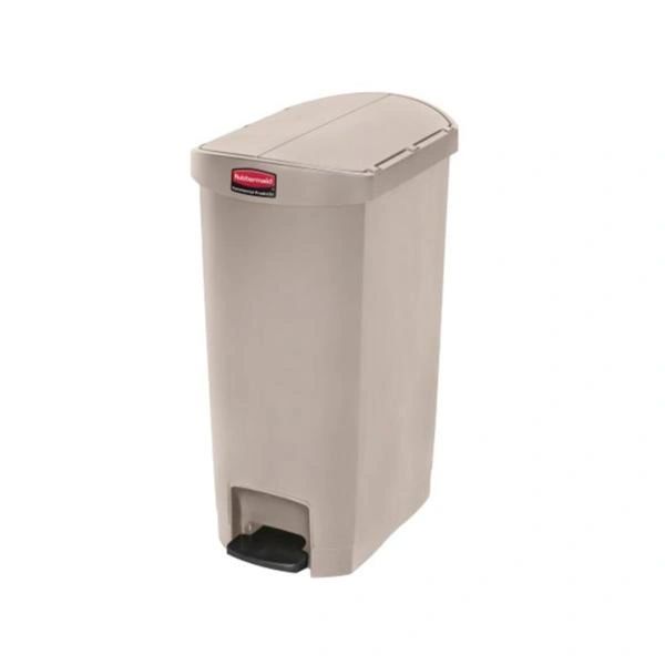 Trash Can Slim Jim Resin 2-3/4x13.52x28.38" Rectangle 13gal Step-On Pedal Hinge Lid Self-Closing End Step Beige , Rubbermaid - 1883459