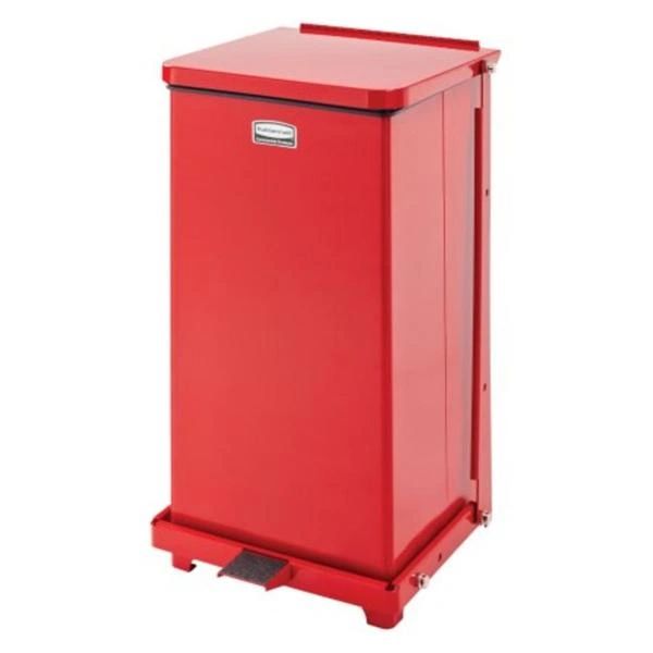 Trash Can Defenders Steel 12x12x23" Square 6.5gal Step-On Pedal Flat Lid Self-Closing With Rigid Plastic Liner Red , Rubbermaid - FGST12EPLRD