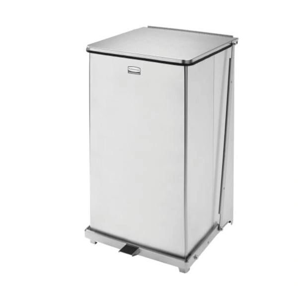 Trash Can Defenders Coated Stainless Steel 19x19x30" Square 25gal Step-On Pedal Flat Lid UV Protection Self-Closing With Rigid Plastic Liner/SS Lock/Anchor Kit Silver Each , Rubbermaid - FGST40SSPL