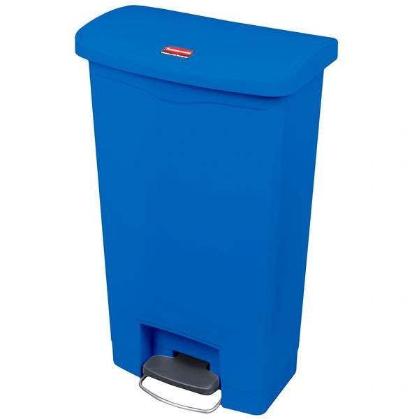 Trash Can Slim Jim Resin 17.97x11.48x28-3/10" Rectangle 13gal Step-On Pedal Hinge Lid Self-Closing Front Step Blue , Rubbermaid - 1883593